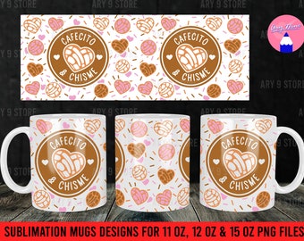 Cafecito y Chisme, Conchas, Tazas de Corazón de Concha de 11 oz, 12 oz, 15 oz, Diseños de Sublimación, Archivos PNG / Cafecito Mexicano Envoltura Completa para Taza, Archivos PNG