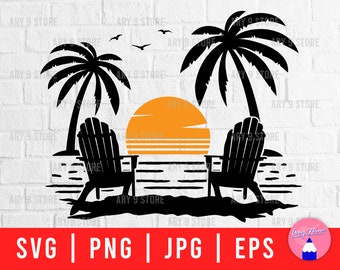 May include: Black and white silhouette of two beach chairs facing a sunset with palm trees on either side. The chairs are Adirondack style with a wide back and armrests. The sunset is a simple orange circle with horizontal lines.
