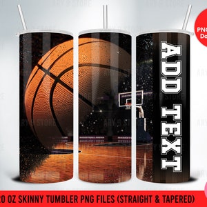 Könnte beinhalten: Ein Sublimationsdesign für einen 20 Unzen schlanken Becher mit einem Basketball auf einem Platz mit einem sternenklaren Hintergrund. Das Design ist sowohl in geraden als auch in konischen Ausführungen erhältlich. Der Text "ADD TEXT" ist im Design enthalten.