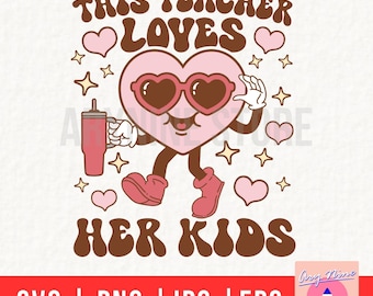 Retro Teacher Valentines Heart, Groovy Love Happy Face (svg, png, eps, jpg Files)