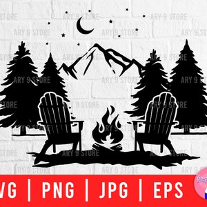 Mountain Scene With Adirondack Chairs Svg Png Eps Jpg Files | Forest Camping Svg File For DIY T-shirt, Wood Sign, Camp Bucket, Sticker