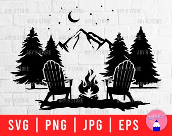 Mountain Scene With Adirondack Chairs Svg Png Eps Jpg Files | Forest Camping Svg File For DIY T-shirt, Wood Sign, Camp Bucket, Sticker