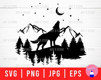 Paisaje forestal con lobo aullando (SVG / Camiseta, taza, pegatina) (Descarga digital)