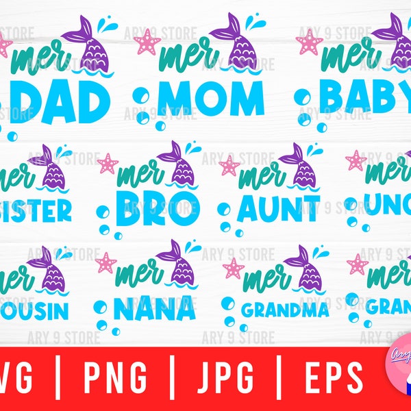 Mermaid Family Bundle Svg Png Eps Jpg Files | Mermaid Tail Family Svg Files | Mermaid Birthday Svg Files For DIY Gift, T-shirt, Sticker, Mug