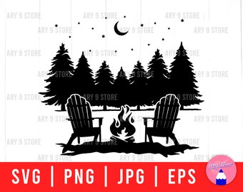 Camping Night In Forest With Adirondack Chairs Svg Png Eps Jpg Files | Campfire With Chairs Files For DIY T-shirt, Wood Sign, Camp Bucket