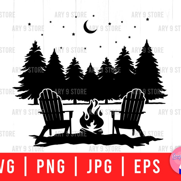 Camping Night In Forest With Adirondack Chairs Svg Png Eps Jpg Files | Campfire With Chairs Files For DIY T-shirt, Wood Sign, Camp Bucket