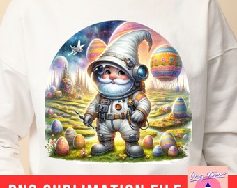 Aquarell Astronaut Gnom, Weltraumszene mit Ostereiern, Baby Astronaut png, Osterzwerg png, Cute Gnom PNG Sublimation Design