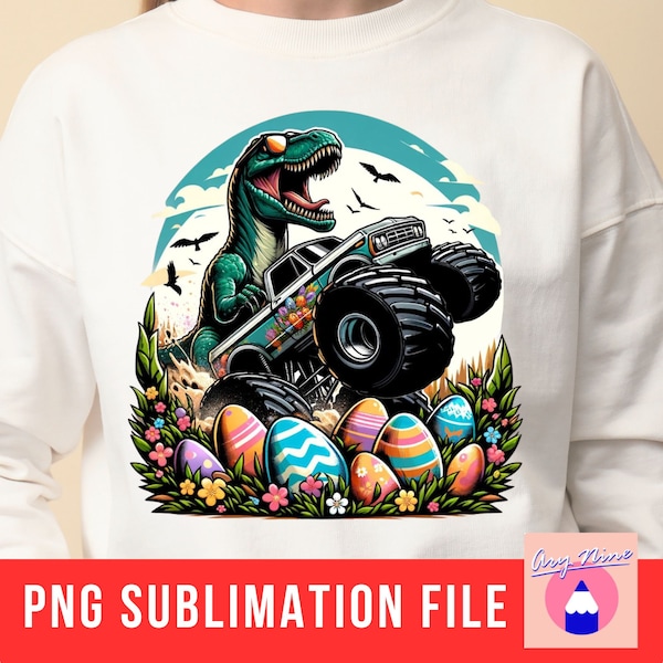 Happy Easterawr png, Easter Dinosaur With Monster Truck Png, Kids Easter, Boy Easter, Easter Eggs PNG Sublimation Design