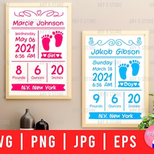 Plantilla de anuncio de estadísticas de bebé (archivos SVG, PNG, EPS y JPG) / Plantilla de estadísticas de recién nacido (archivos SVG para Cricut y regalo DIY)