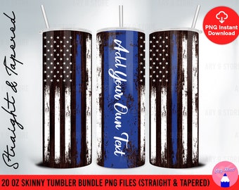 Grunge American Flag Blue Line With Black Wood For Add Your Own Text 20oz Skinny Tumbler Sublimation Design Straight & Tapered PNG Files