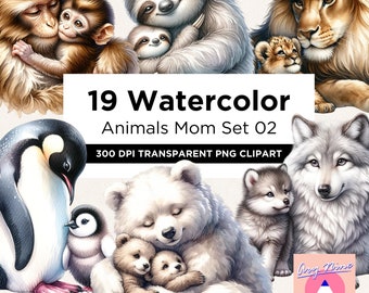 19 Watercolor Animals Mama And Baby Clipart Bundle, Woodland Animals Clipart, Mommy And Me, Happy Mother's Day Sublimation PNG Bundle