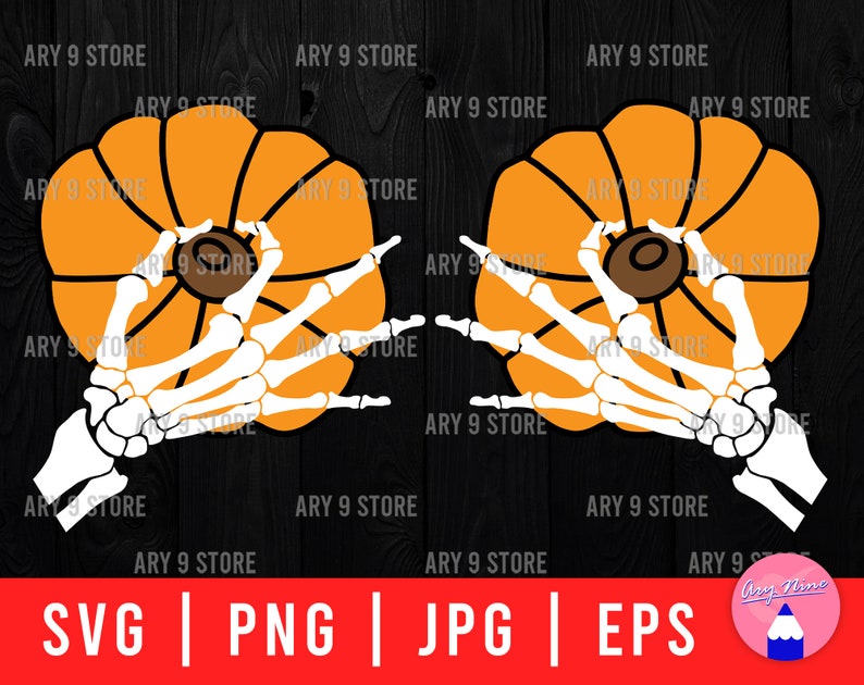 May include: Two orange pumpkins with a skeleton hand holding each one. The pumpkins are on a black wooden background.