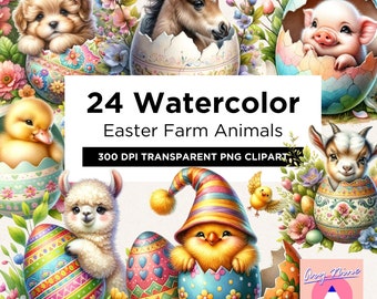 24 Watercolor Easter Farm Animals Bundle, Spring Flower, Animals Art Easter, Baby Animals Easter Eggs Sublimation PNG Spring Clipart Bundle
