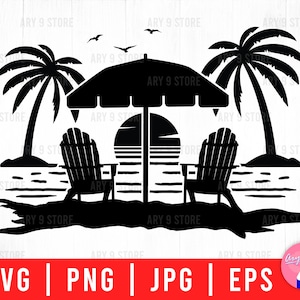 Sunset Scene With Beach Umbrella, Summer Vacation, Summer Trip Scene Svg Png Eps Jpg Files For DIY T-shirt, Sticker, Mug, Gifts