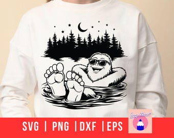 Bigfoot With Summer Vacation Svg, Relaxing Sasquatch Dad in Lake, Family Camping With Forest Night For Make T-shirt Sticker Digital Download