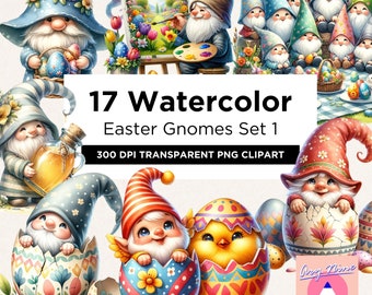 17 Watercolor Gnomes Easter Clipart, Happy Easter Gnomes, Gnomes Eggs Easter PNG, Easter Chicks Sublimation PNG Spring Clipart Bundle