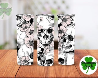 Flowers and skulls on a 20 oz skinny travel tumbler perfect for your coffee!  Great for hot or cold drinks