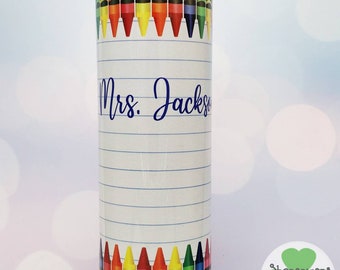 Personalized crayon notebook paper for teacher or kid back to school , 20 oz skinny travel tumbler - hot or cold drinks