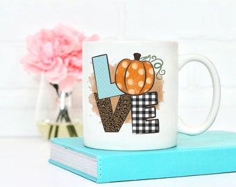 LOVE fall pumpkin, leopard, plaid - ceramic coffee cup | Can be personalized~  Dishwasher/Microwave safe