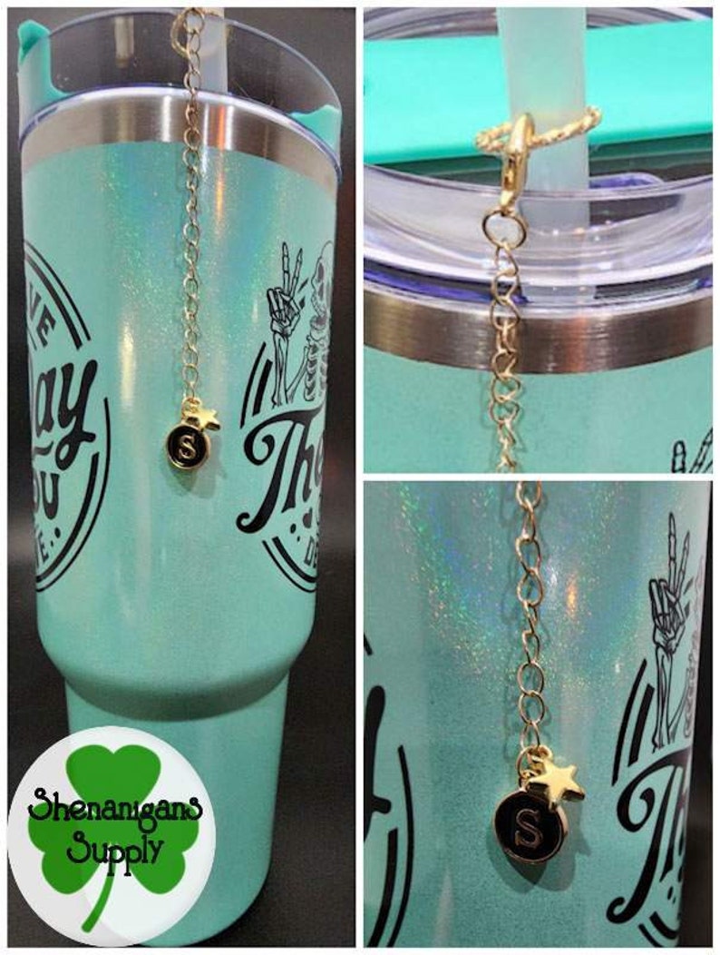 Cute Tumbler Initial Charm can be used on 40oz handled tumber or over straw on any size tumbler Charm avail in pink, black, and white image 6