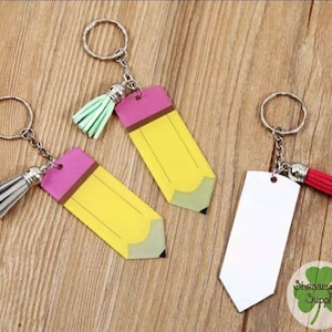 Acrylic pencil shaped keychain blank (printed with pencil design)with tassel perfect for adding vinyl name/title with Silhouette/Cricut A