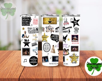 Hamilton 20 oz skinny travel tumbler perfect for your coffee!  Features quotes and themes from the musical!! Great for hot or cold drinks