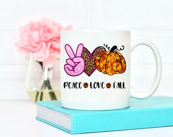Peace, Love, Fall - ceramic cup - Pumpkin, fall leaves, leopard print, pink - Can be personalized~  Dishwasher/Microwave safe