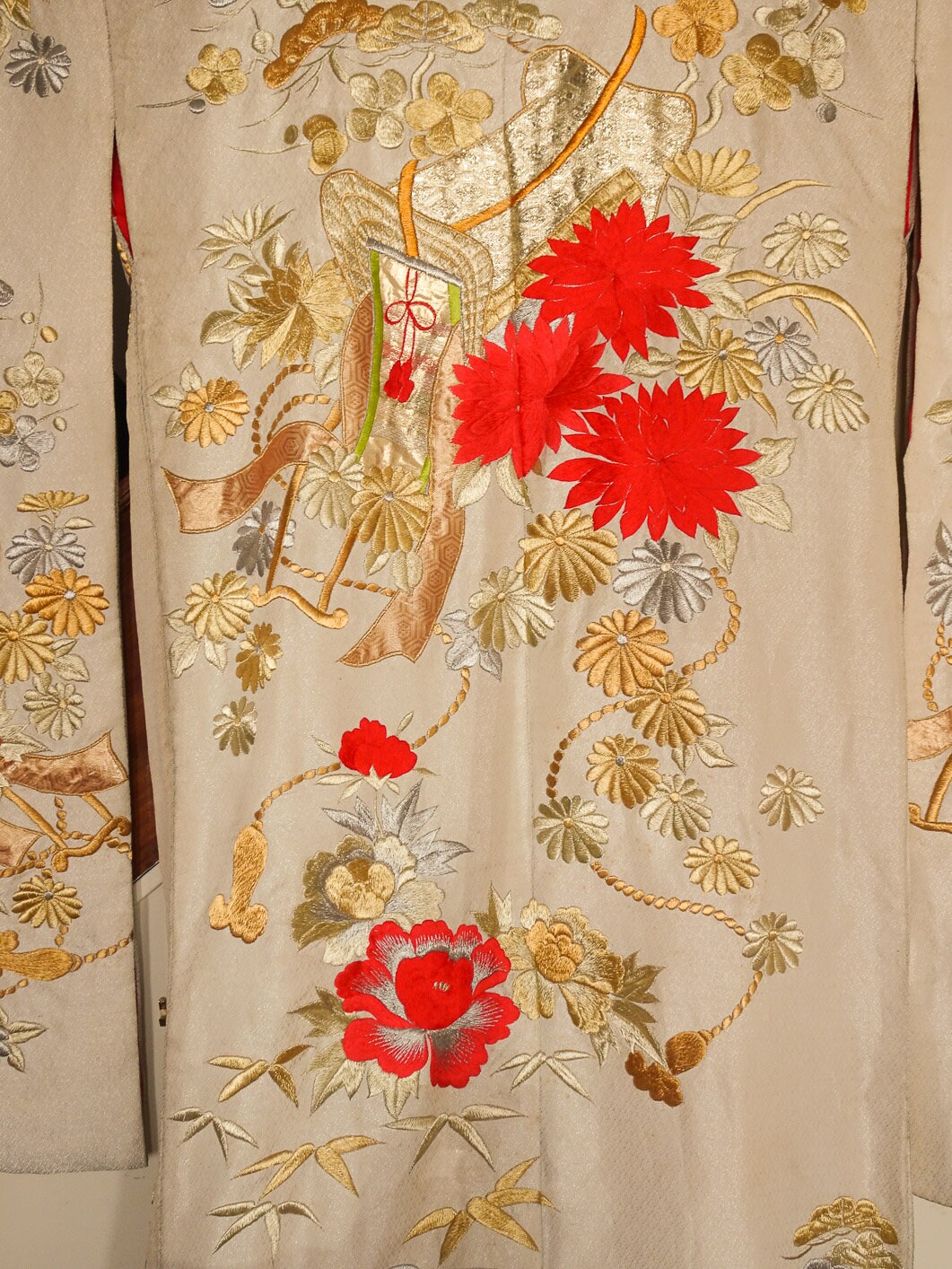 KIMONO dress top bustier Lace up back vintage silk Ivory UCHIKAKE multicolor motifs gold brocade crane peacock size 8 10 ready to ship