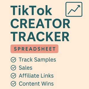 Könnte beinhalten: Eine türkisfarbene und korallenfarbene Grafik mit den Worten "TikTok CREATOR TRACKER" und "SPREADSHEET". Darunter zeigen Häkchen die Funktionen an: Track Samples, Sales, Affiliate Links und Content Wins. Ein Diagrammsymbol befindet sich in der oberen rechten Ecke.