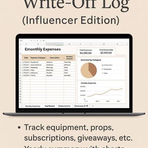Puede incluir: Una pantalla de portátil muestra un registro de gastos y amortizaciones titulado "Expense & Write-Off Log (Influencer Edition)". La pantalla muestra categorías de gastos, totales y gráficos. El texto debajo dice: Realice un seguimiento de equipos, accesorios, suscripciones, etc.