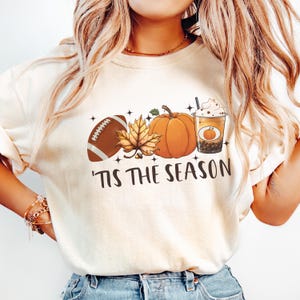 Tis The Season Comfort Colors® Shirt, Fall Pumpkin Coffee Football Tee, Cozy Game Day Fall Long Sleeve for Women Gifts, Cute Autumn Top