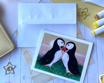 Tarjeta de notas «Tú y yo», tarjeta en blanco, tarjeta de felicitación, frailecillo, pájaro, ave de Alaska, Alaska, arte de Alaska, hecho en Alaska, San Valentín