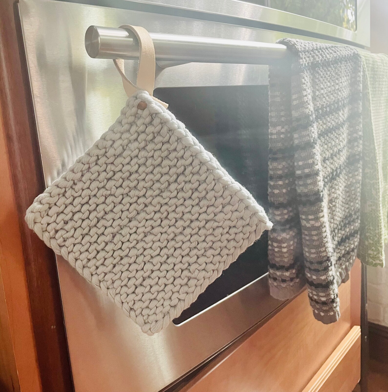 Hand Knit Pot Holder w/ Leather Hook Knit Pot Holder Etsy