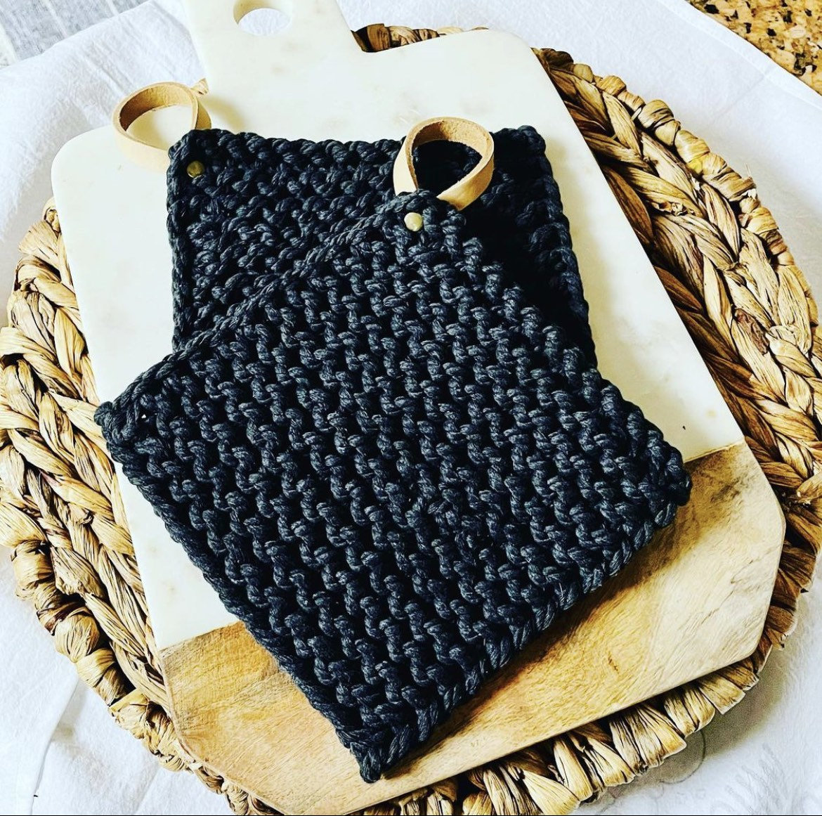 Hand Knit Pot Holder W/ Leather Hook Knit Pot Holder Etsy