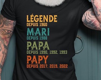 T-shirt Légende Mari Papa Papy personnalisé Année, Futur Papi, Cadeau fête des pères, Année personnalisée Grand-père, Annonce grossesse