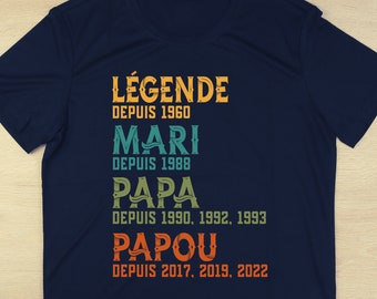 Légende Mari Papa Papou T-Shirt Personnalisé Année, Futur Papy, Cadeau fête des pères, Année personnalisées, Annonce grossesse