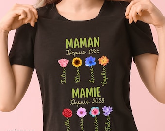 Le Jardin de Maman et Mamie T-Shirt personnalisé, Noms enfants et fleurs, Cadeau Fête des grandes mères, Jardin botanique, Futur Mamie