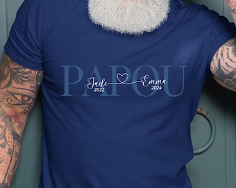 T‑shirt personnalisé Papou – Cadeau avec Noms des Petits‑Enfants et Années de Naissance, Idéal pour Anniversaire ou Fête des Grands‑Pères