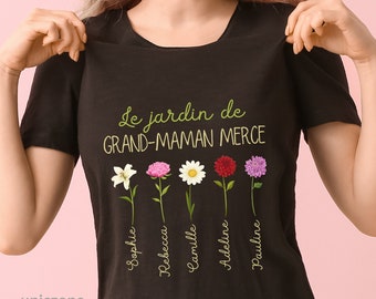 Le Jardin de Grand-Maman T-Shirt personnalisé Noms des petits-enfants, Jardin botanique, Cadeau Grand-mère, Fête des Grand-mères