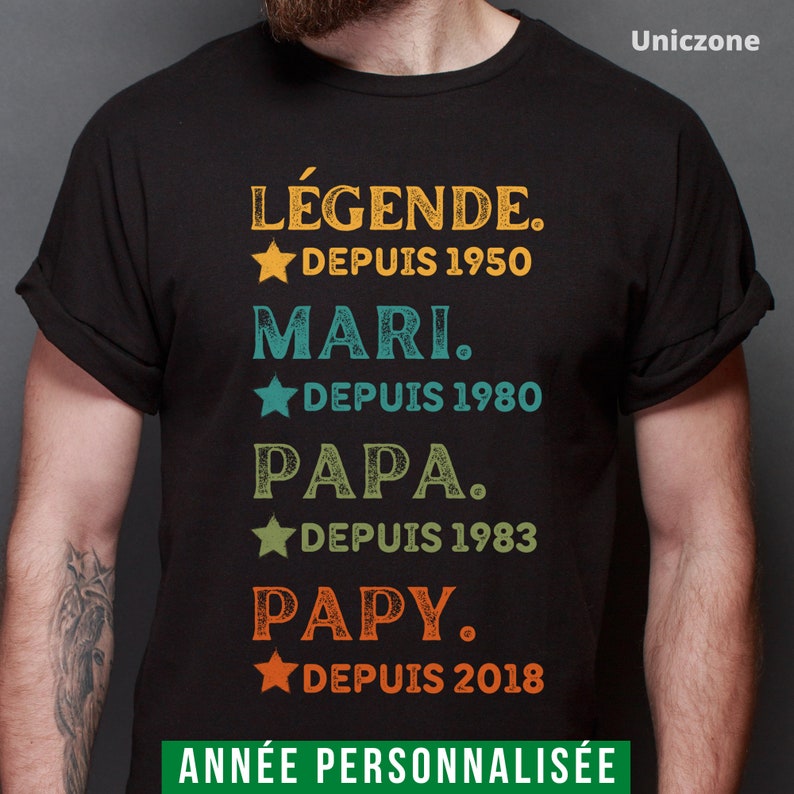 Légende Mari Papa Papy T-Shirt Personnalisé Année, Futur Grand-père, Cadeau fête des grands-pères Noir