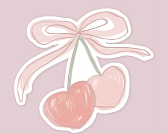 Cherry Bow Coquette Pink Sticker | Waterproof Weatherproof Waterbottle Laptop Vinyl |  cute sticker, girly coquette sticker die cut