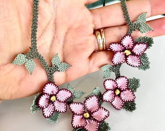 Pink floral, statement, needle lace, floral, needle lace floral necklace