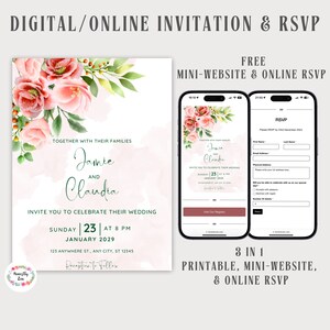 Convite de casamento digital e RSVP, site de casamento gratuito com RSVP online, convite floral rosa blush pintado à mão, modelo editável do Canva