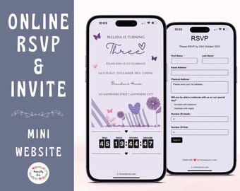 Online RSVP & Floral Birthday Invitation, Personalized RSVP, Custom Digital Evite And RSVP, Lavender Floral Birthday Invitation Girls