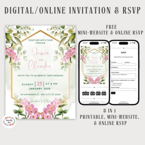Convite de casamento digital e RSVP, site de casamento gratuito com RSVP online, convite floral verde e rosa para impressão, modelo editável do Canva