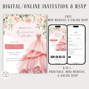 Digitales Blush Pink Floral Quinceaňera Einladung & Antwortkarten, kostenlose Quinceaño-Webseite mit Online-RSVP, druckbare Online-Einladung, Canva-Vorlage