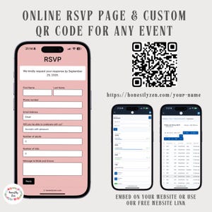 Page RSVP en ligne pour tout événement, RSVP rose avec code QR personnalisé, code QR pour carte RSVP, suivi RSVP, RSVP numérique, lien RSVP, RSVP électronique