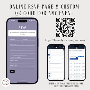 Page RSVP en ligne pour tout événement, QR code violet, RSVP pour carte RSVP, suivi RSVP, RSVP numérique, lien RSVP, carte RSVP électronique