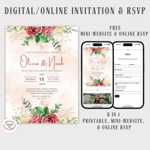Convite de casamento digital e RSVP, site de casamento gratuito com RSVP online, convite de flor de pêssego com folhas douradas, modelo editável do Canva