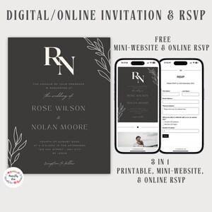Convite de casamento digital e RSVP, site de casamento gratuito com RSVP online, convite cinza escuro e branco para impressão, modelo editável do Canva